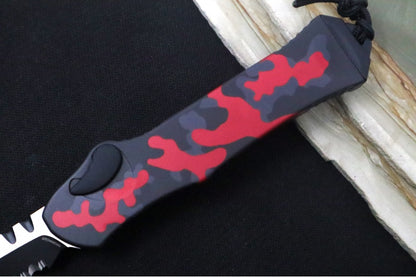 Heretic Knives Hydra Single Action OTF - Two-Toned Black Recurve Blade with Partial Serrate / CPM-Magnacut Steel / Red Camo Anodized Aluminum Handle H008-10B-RCAMO