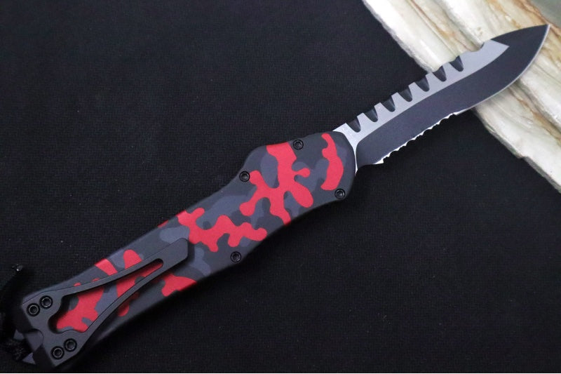 Heretic Knives Hydra Single Action OTF - Two-Toned Black Recurve Blade with Partial Serrate / CPM-Magnacut Steel / Red Camo Anodized Aluminum Handle H008-10B-RCAMO - Northwest Knives
