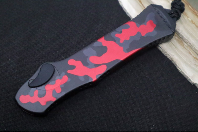 Heretic Knives Hydra Single Action OTF - Two-Toned Black Recurve Blade with Partial Serrate / CPM-Magnacut Steel / Red Camo Anodized Aluminum Handle H008-10B-RCAMO - Northwest Knives