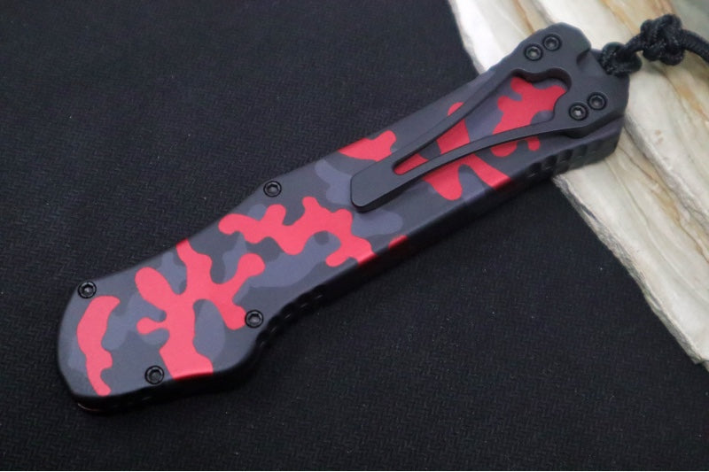 Heretic Knives Hydra Single Action OTF - Two-Toned Black Recurve Blade with Partial Serrate / CPM-Magnacut Steel / Red Camo Anodized Aluminum Handle H008-10B-RCAMO - Northwest Knives