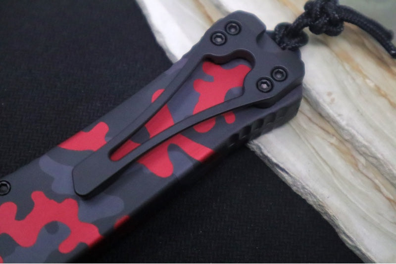 Heretic Knives Hydra Single Action OTF - Two-Toned Black Recurve Blade with Partial Serrate / CPM-Magnacut Steel / Red Camo Anodized Aluminum Handle H008-10B-RCAMO - Northwest Knives
