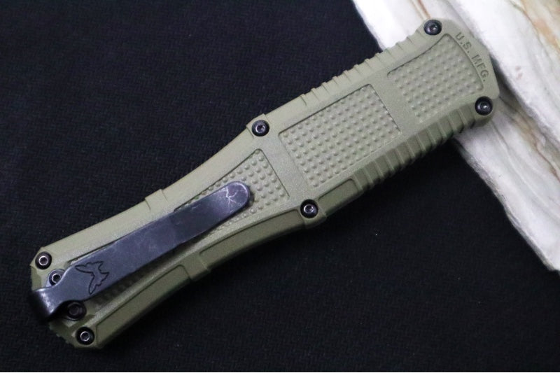 Benchmade 3370SGY-1 Claymore OTF - Dagger Blade with Serrations / CPM-D2 Steel / Smoke Gray PVD Coating / OD Green Polymer Handle