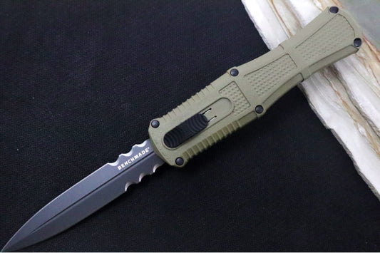 Benchmade 3370SGY-1 Claymore OTF - Dagger Blade with Serrations / CPM-D2 Steel / Smoke Gray PVD Coating / OD Green Polymer Handle
