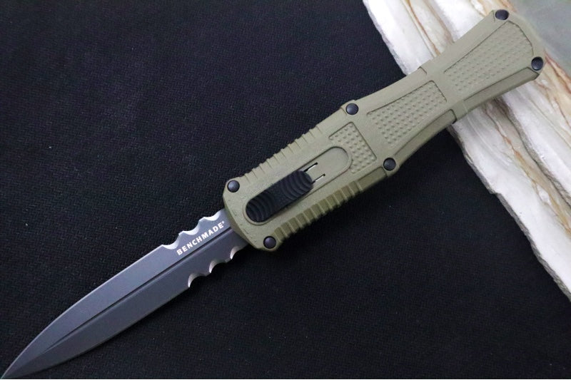 Benchmade 3370SGY-1 Claymore OTF - Dagger Blade with Serrations / CPM-D2 Steel / Smoke Gray PVD Coating / OD Green Polymer Handle - Northwest Knives