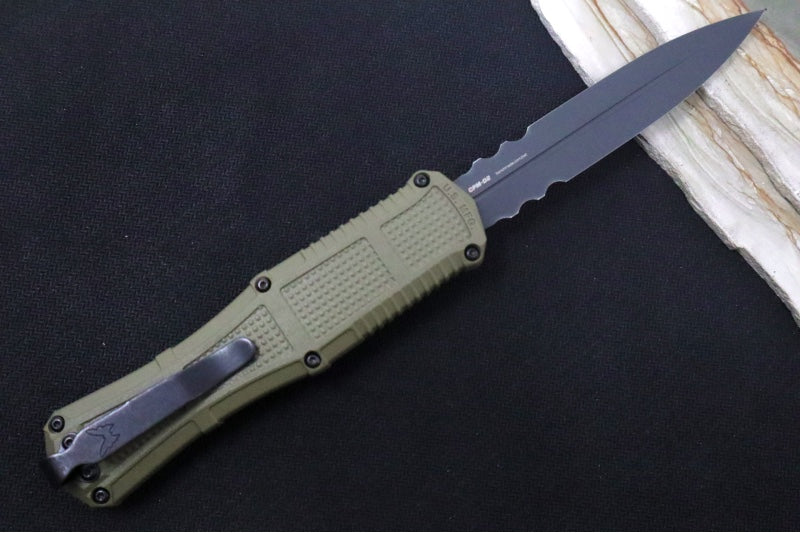 Benchmade 3370SGY-1 Claymore OTF - Dagger Blade with Serrations / CPM-D2 Steel / Smoke Gray PVD Coating / OD Green Polymer Handle