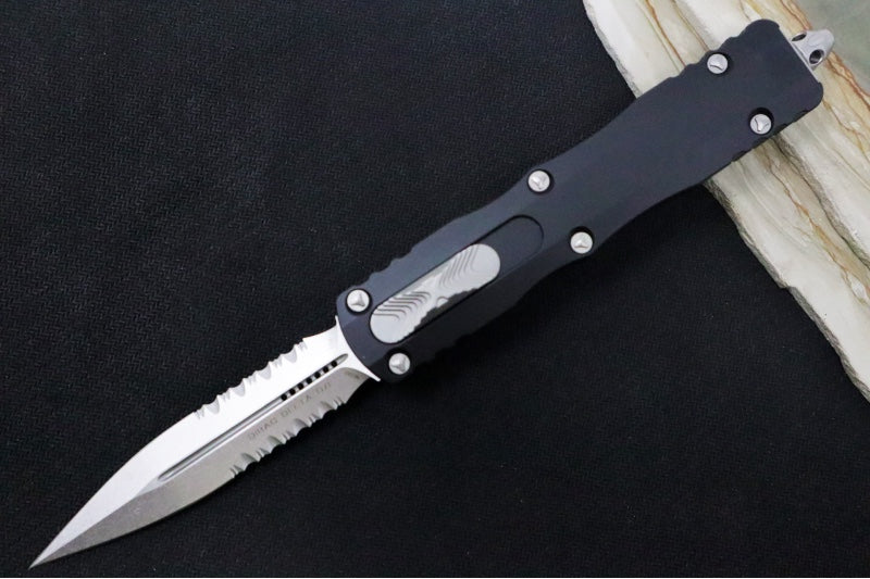 Microtech Dirac Delta OTF - Stonewashed Finish / Partial Serrated Dagger Blade / Black Aluminum Handle 227-11