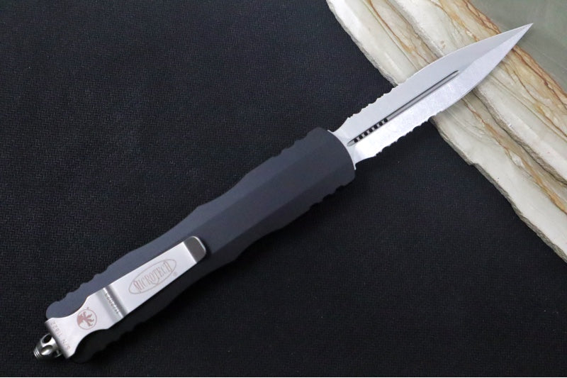 Microtech Dirac Delta OTF - Stonewashed Finish / Partial Serrated Dagger Blade / Black Aluminum Handle 227-11 - Northwest Knives