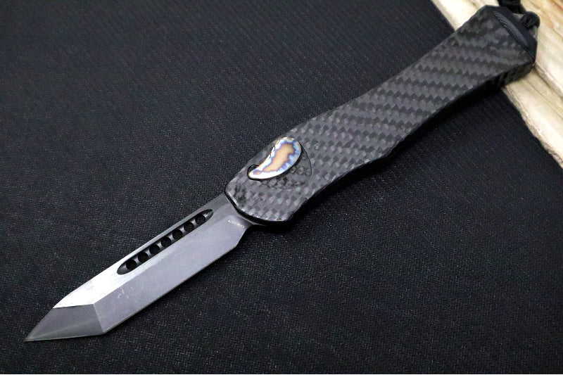 Heretic Knives Hydra Single Action OTF - Black DLC Tanto Blade / CPM-20CV Steel / Full Carbon Fiber Handle / Flamed Titanium Button & Charge Plate & Clip H046-6A-CF/FTI