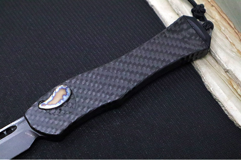 Heretic Knives Hydra Single Action OTF - Black DLC Tanto Blade / CPM-20CV Steel / Full Carbon Fiber Handle / Flamed Titanium Button & Charge Plate & Clip H046-6A-CF/FTI