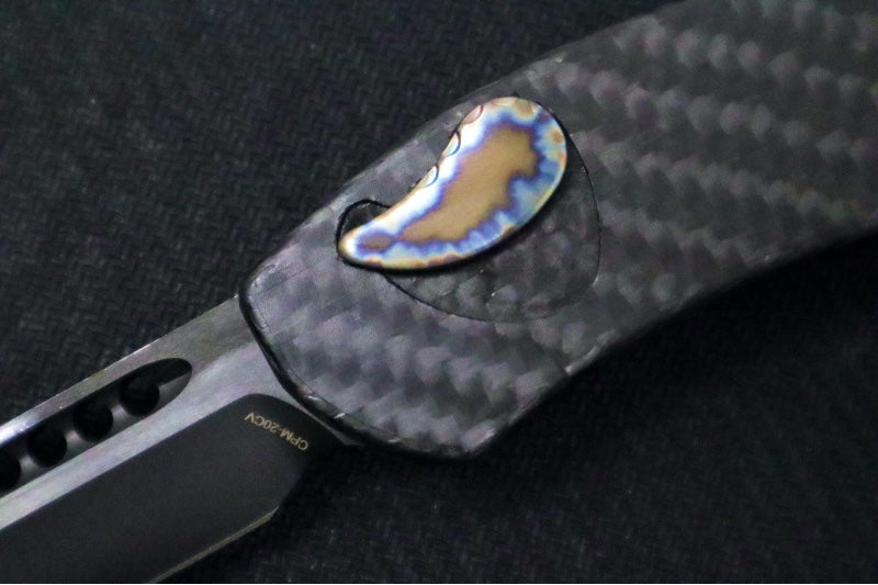 Heretic Knives Hydra Single Action OTF - Black DLC Tanto Blade / CPM-20CV Steel / Full Carbon Fiber Handle / Flamed Titanium Button & Charge Plate & Clip H046-6A-CF/FTI