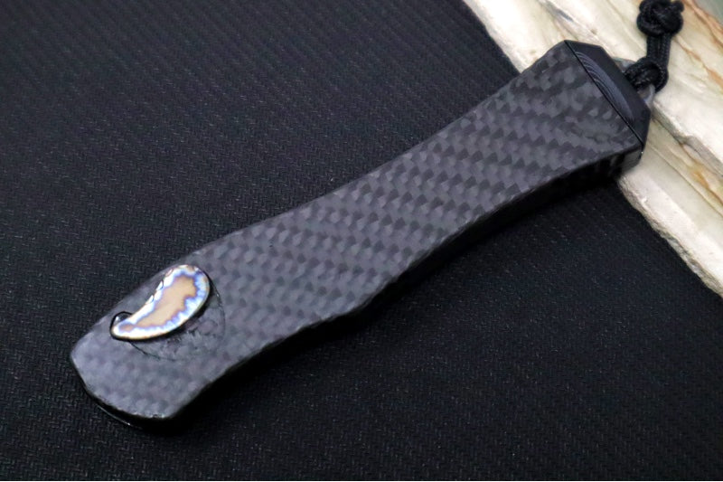 Heretic Knives Hydra Single Action OTF - Black DLC Tanto Blade / CPM-20CV Steel / Full Carbon Fiber Handle / Flamed Titanium Button & Charge Plate & Clip H046-6A-CF/FTI