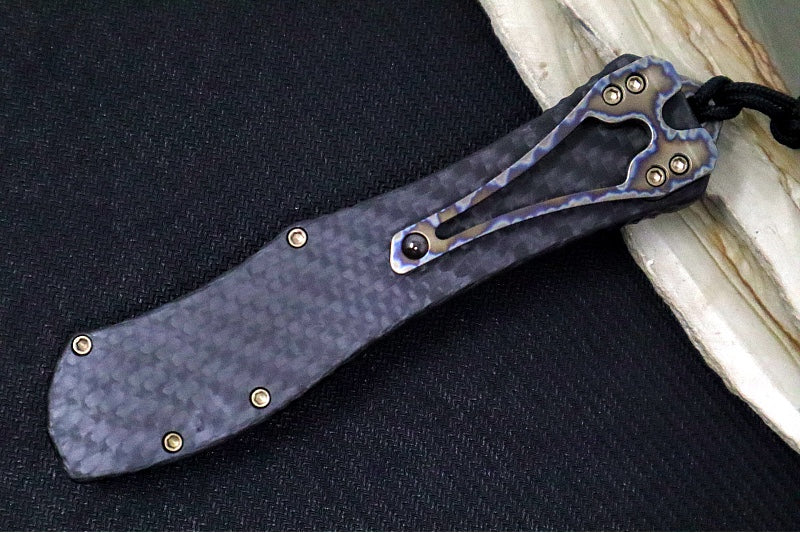 Heretic Knives Hydra Single Action OTF - Black DLC Tanto Blade / CPM-20CV Steel / Full Carbon Fiber Handle / Flamed Titanium Button & Charge Plate & Clip H046-6A-CF/FTI - Northwest Knives