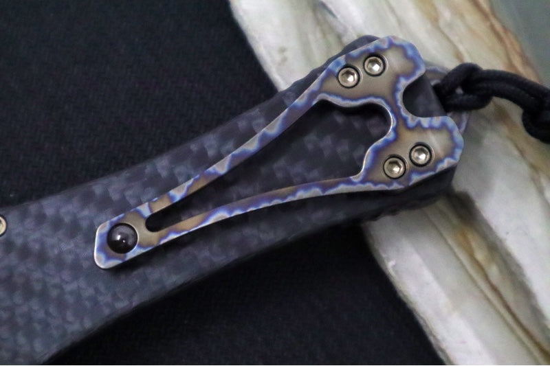 Heretic Knives Hydra Single Action OTF - Black DLC Tanto Blade / CPM-20CV Steel / Full Carbon Fiber Handle / Flamed Titanium Button & Charge Plate & Clip H046-6A-CF/FTI