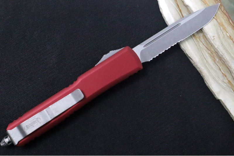 Microtech Ultratech OTF - Single Edge with Partial Serrates / Apocalyptic Blade / Merlot Anodized Aluminum Handle - 121-11APMR