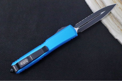 Microtech Ultratech OTF - Blue Aluminum Handle / Dagger Style with Full Serrates / Black Finished Blade 122-3BL