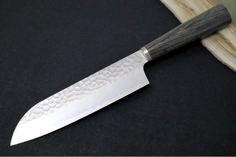 Sekiryu - 6.5" Santoku - 3 Layers of VG-10 Steel - Hammered Tsuchime Finish - Charcoal Wood Handle - Made in Seki City, Japan