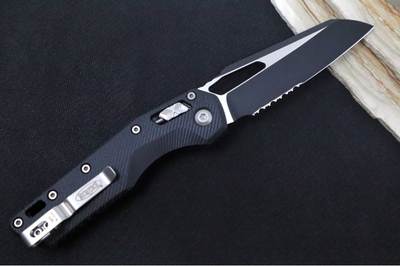 Microtech MSI Manual Folder - Black Two-Toned Finished Blade with Partial Serrate / Fluted Black G-10 Handle 210-2FLGTBK - Northwest Knives