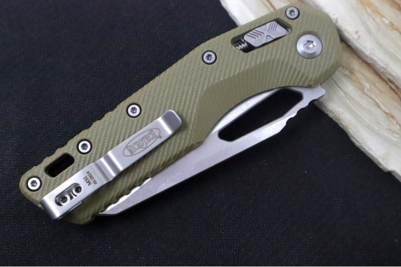 Microtech MSI Manual Folder - Stonewashed Finished Blade / Fluted OD Green G-10 Handle 210-10FLGTOD