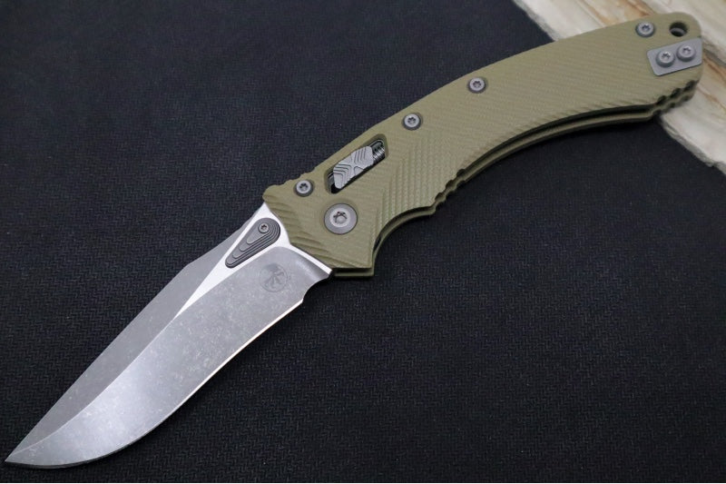 Microtech Amphibian Folder RAM-Lok - Drop Point / Apocalyptic Finish / Fluted OD Green G-10 Handle 137RL-10APFLGTOD