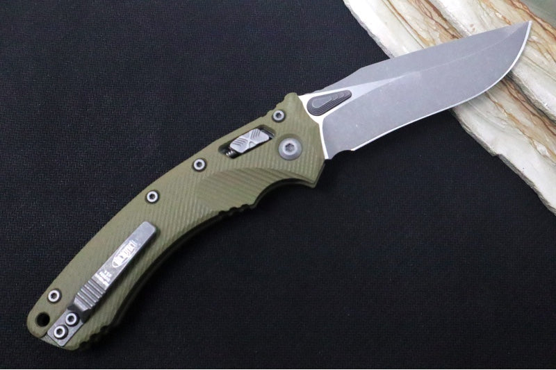 Microtech Amphibian Folder RAM-Lok - Drop Point / Apocalyptic Finish / Fluted OD Green G-10 Handle 137RL-10APFLGTOD