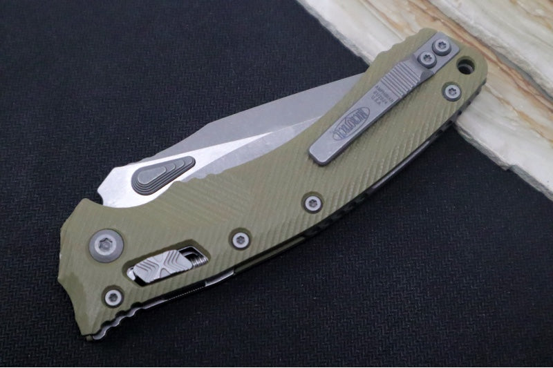 Microtech Amphibian Folder RAM-Lok - Drop Point / Apocalyptic Finish / Fluted OD Green G-10 Handle 137RL-10APFLGTOD