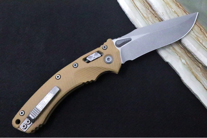 Microtech Amphibian Folder RAM-Lok - Drop Point / Fluted Tan G-10 Handle 137RL-10APFLGTTA - Northwest Knives