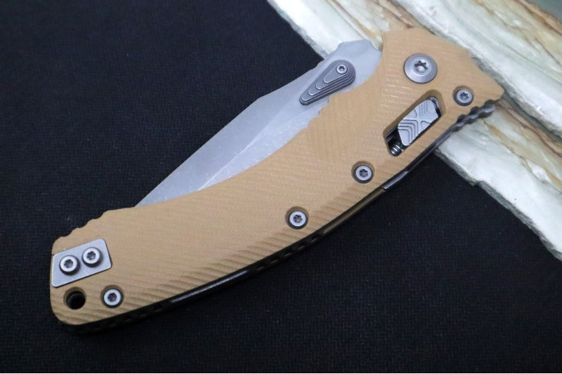 Microtech Amphibian Folder RAM-Lok - Drop Point / Fluted Tan G-10 Handle 137RL-10APFLGTTA - Northwest Knives