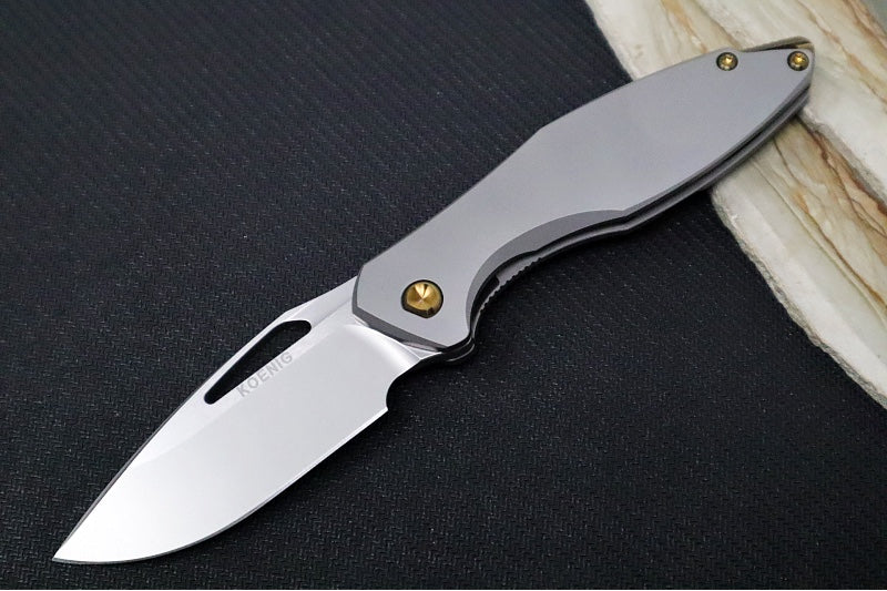 Koenig Mini Arius Nonflipper - Standard with Standard Smooth Handle - Burnished Blade with Polished Flats - Bronze Spacer & Hardware / Blasted Clip (Gen 1)