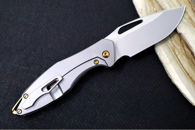Koenig Mini Arius Nonflipper - Standard with Standard Smooth Handle - Burnished Blade with Polished Flats - Bronze Spacer & Hardware / Blasted Clip (Gen 1)