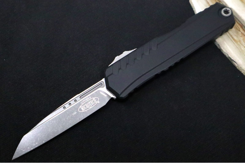Microtech Cypher II OTF - Single Edge Blade / Apocalyptic Finish / Black Aluminum Handle- 1241-10AP
