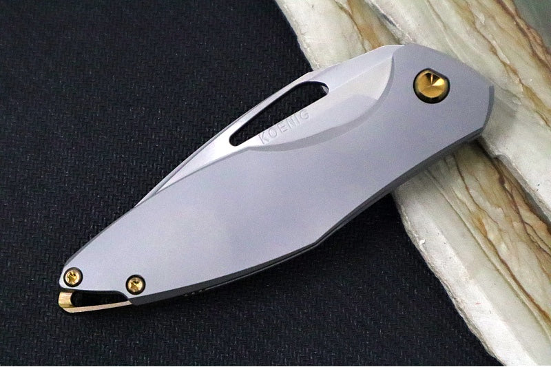 Koenig Mini Arius Nonflipper - Standard with Standard Smooth Handle - Burnished Blade with Polished Flats - Bronze Spacer & Hardware / Blasted Clip (Gen 1)