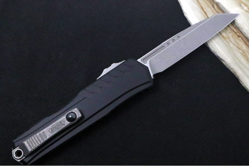 Microtech Cypher II OTF - Single Edge Blade / Apocalyptic Finish / Black Aluminum Handle- 1241-10AP - Northwest Knives