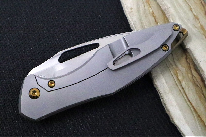 Koenig Mini Arius Nonflipper - Standard with Standard Smooth Handle - Burnished Blade with Polished Flats - Bronze Spacer & Hardware / Blasted Clip (Gen 1)