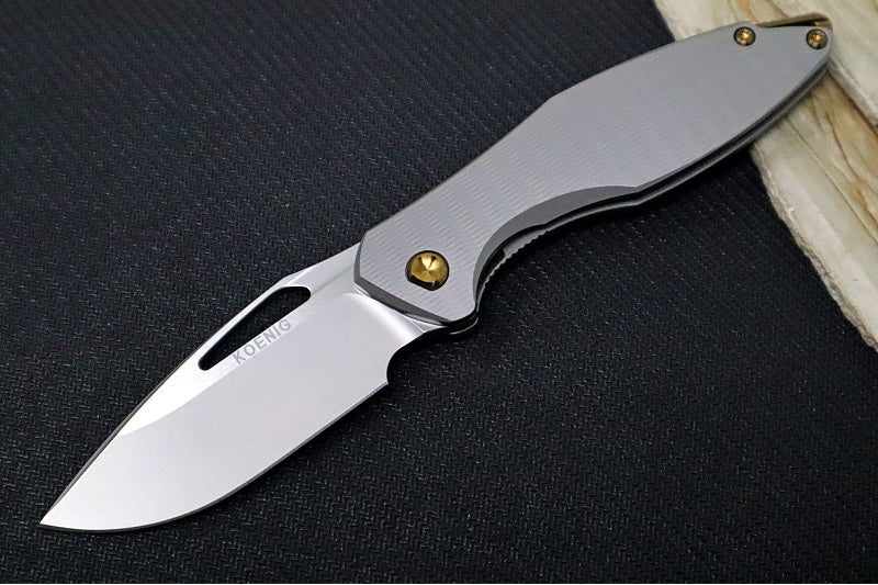 Koenig Mini Arius Nonflipper - Standard with Plexa Patterned Handle - Burnished Blade with Polished Flats - Bronze Spacer & Hardware / Blasted Clip (Gen 1)