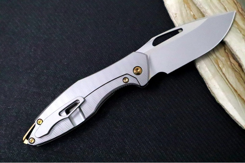 Koenig Mini Arius Nonflipper - Standard with Plexa Patterned Handle - Burnished Blade with Polished Flats - Bronze Spacer & Hardware / Blasted Clip (Gen 1) - Northwest Knives