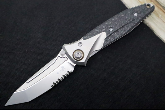 Microtech SOCOM Bravo Mini - Tanto Blade with Partial Serrates / Bead Blasted Finish / Carbon Fiber & Titanium Handle / Bronze Titanium Pivot Collar 261M-8CFTI