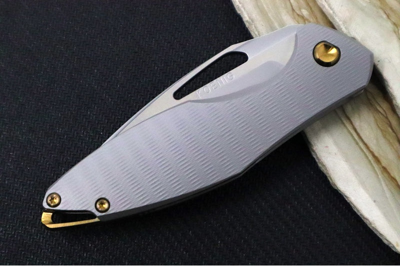 Koenig Mini Arius Nonflipper - Standard with Plexa Patterned Handle - Burnished Blade with Polished Flats - Bronze Spacer & Hardware / Blasted Clip (Gen 1)