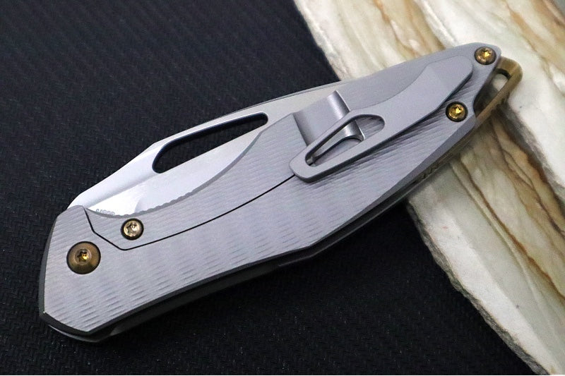 Koenig Mini Arius Nonflipper - Standard with Plexa Patterned Handle - Burnished Blade with Polished Flats - Bronze Spacer & Hardware / Blasted Clip (Gen 1)