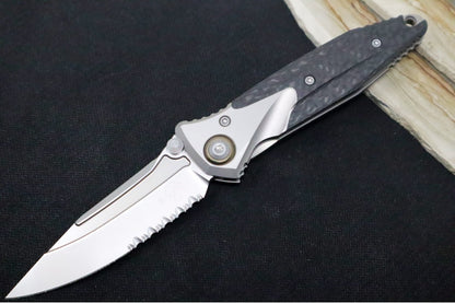 Microtech SOCOM Bravo Mini - Drop Point Blade with Partial Serrates / Bead Blasted Finish / Carbon Fiber & Titanium Handle / Bronze Titanium Pivot Collar 260M-8CFTI