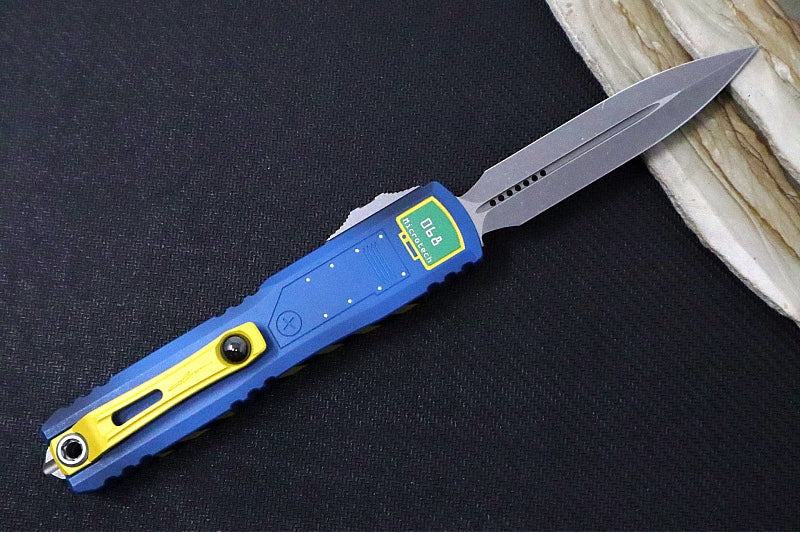 Microtech Ultratech ZBP (Zero Blade Play) Gen III OTF Fallout Signature Series - Apocalyptic Finish / Dagger Blade / "Fallout" Anodized Aluminum Handle 1122-10FOS - Northwest Knives