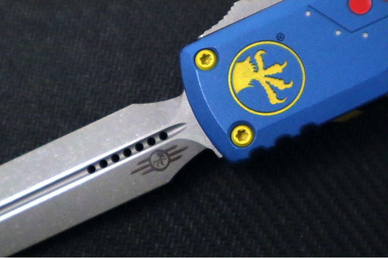 Microtech Ultratech ZBP (Zero Blade Play) Gen III OTF Fallout Signature Series - Apocalyptic Finish / Dagger Blade / "Fallout" Anodized Aluminum Handle 1122-10FOS