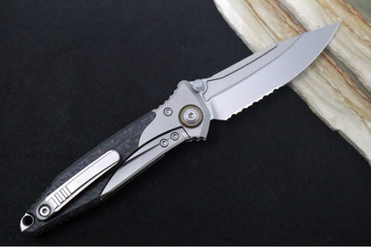 Microtech SOCOM Bravo Mini - Drop Point Blade with Partial Serrates / Bead Blasted Finish / Carbon Fiber & Titanium Handle / Bronze Titanium Pivot Collar 260M-8CFTI