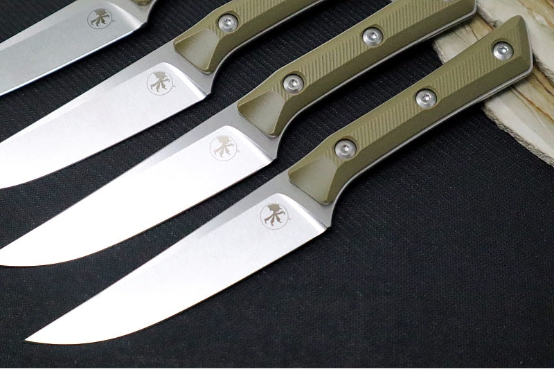 Microtech Steak Knife Set (Set of 4) - M390MK Steel / Stonewashed Finish / OD Green G-10 Handle 3600-10SETOD