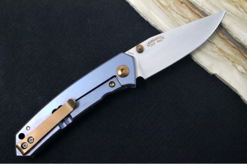 Boker Plus Canoe - Blue Anodized Titanium Handle / Stonewashed Blade / CPM-S35VN Steel / Bronzed Titanium Accents 01BO494