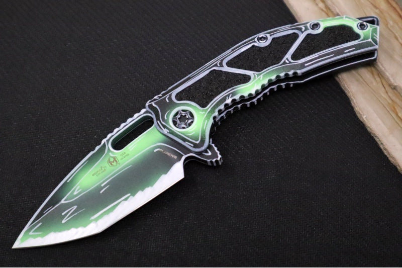 Heretic Knives Medusa Manual Flipper - Hand Painted Negative Cel Shade Tanto Blade / CPM-Magnacut Steel / Hand Painted Negative Cel Shade Aluminum Handle with Black Grip-Tape Inlays H009-NCS-TX - Northwest Knives