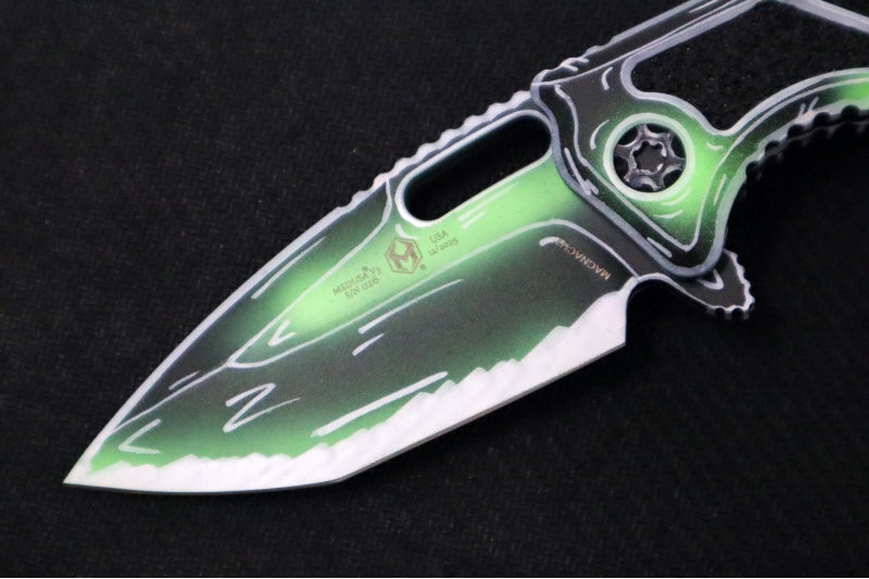 Heretic Knives Medusa Manual Flipper - Hand Painted Negative Cel Shade Tanto Blade / CPM-Magnacut Steel / Hand Painted Negative Cel Shade Aluminum Handle with Black Grip-Tape Inlays H009-NCS-TX