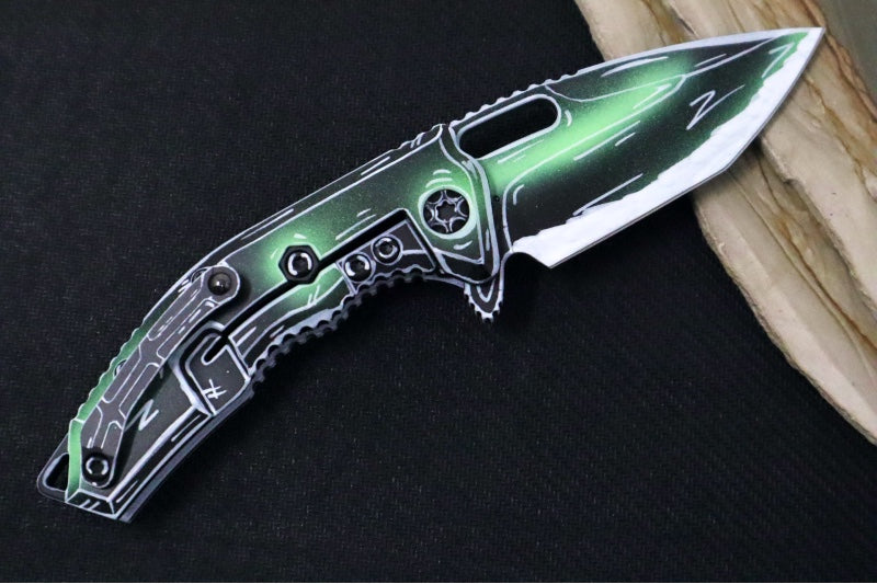 Heretic Knives Medusa Manual Flipper - Hand Painted Negative Cel Shade Tanto Blade / CPM-Magnacut Steel / Hand Painted Negative Cel Shade Aluminum Handle with Black Grip-Tape Inlays H009-NCS-TX