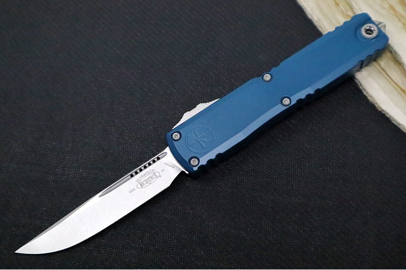 Microtech Ultratech Gen IV OTF Deep Ocean - Stonewash Finish / Drop Point Blade / Deep Ocean Anodized Aluminum Handle 11214-10DO