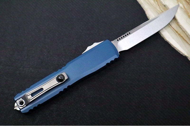 Microtech Ultratech Gen IV OTF Deep Ocean - Stonewash Finish / Drop Point Blade / Deep Ocean Anodized Aluminum Handle 11214-10DO