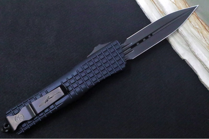 Microtech Signature Series Combat Troodon OTF - Black DLC Blade / Double Edge Dagger / Black Frag Aluminum Handle / Nickel Boron Internals - 142-1CT-DHS